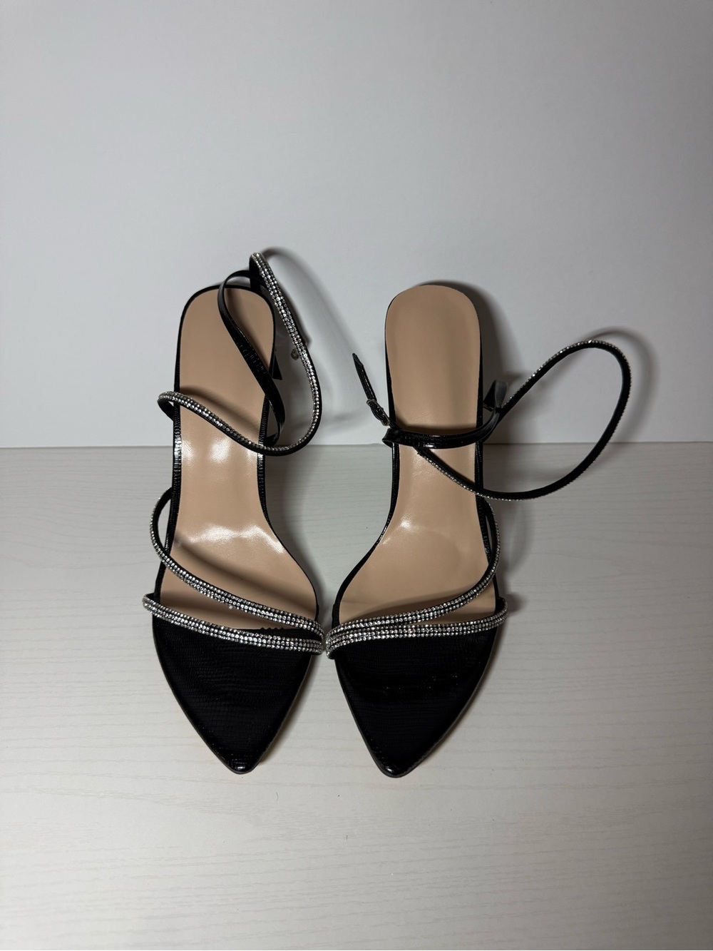 SHEIN Black Rhinestone Strappy Pointed Toe Heels